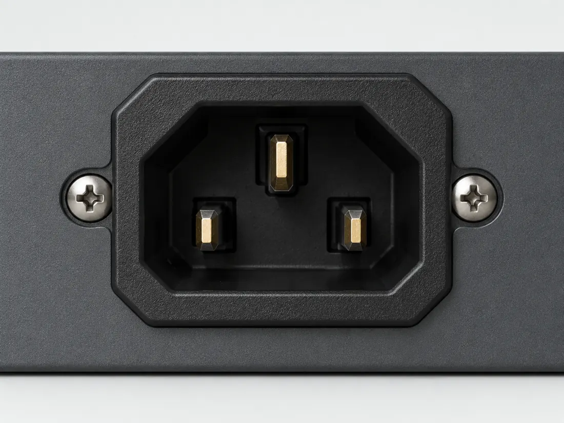 IEC 60320 C13 cord connector: fitted in place. Computer-generated illustration, not a photograph.