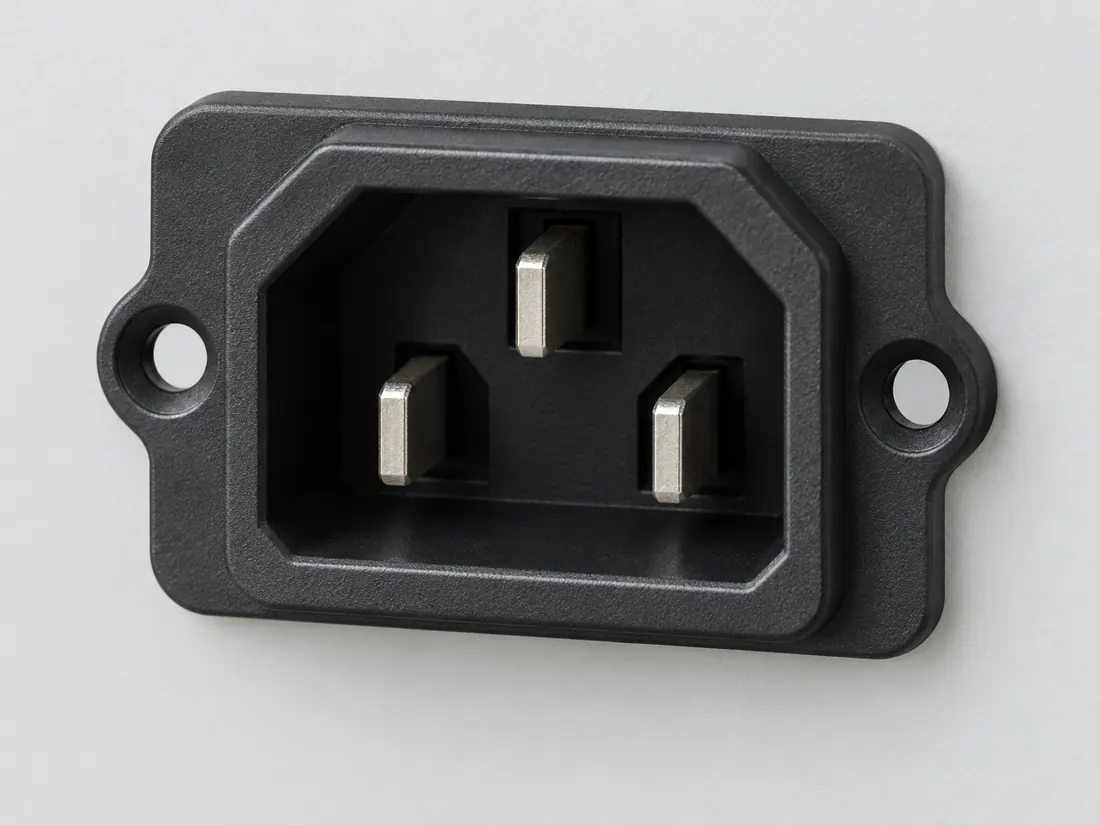IEC 60320 C14 appliance inlet: three-quarter view. Computer-generated illustration, not a photograph.