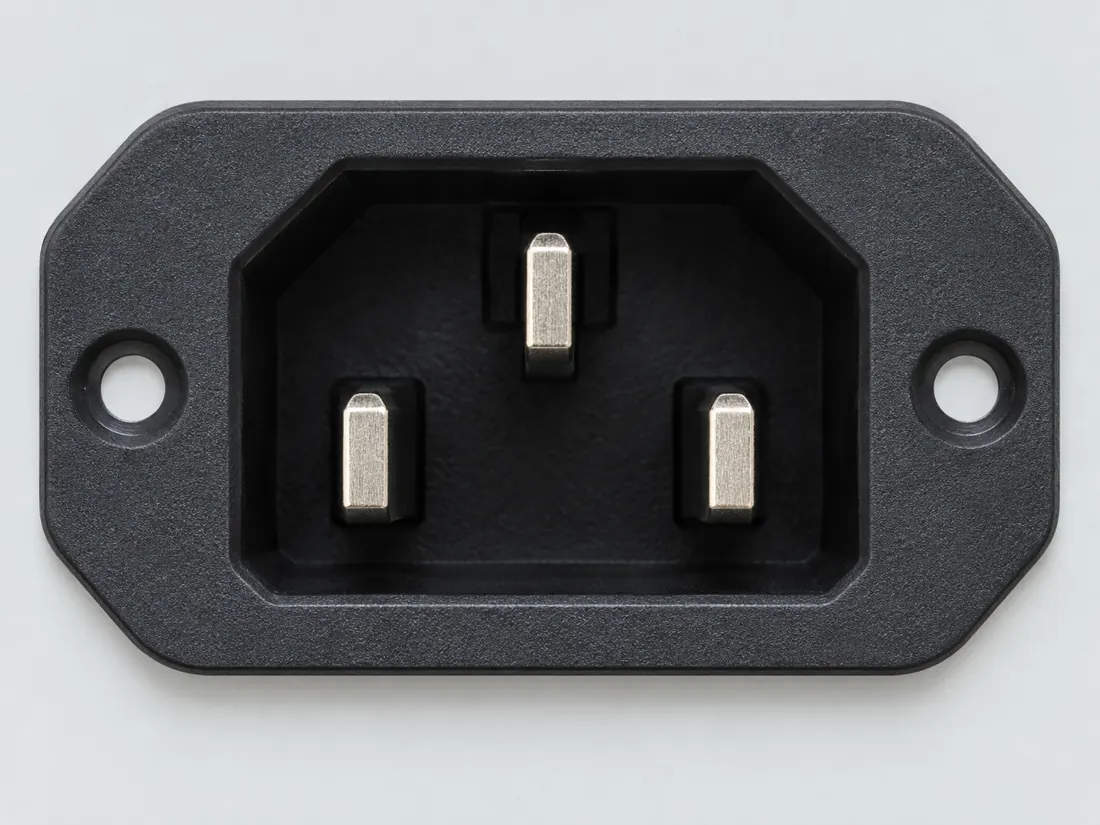 IEC 60320 C14 appliance inlet: mating face. Computer-generated illustration, not a photograph.