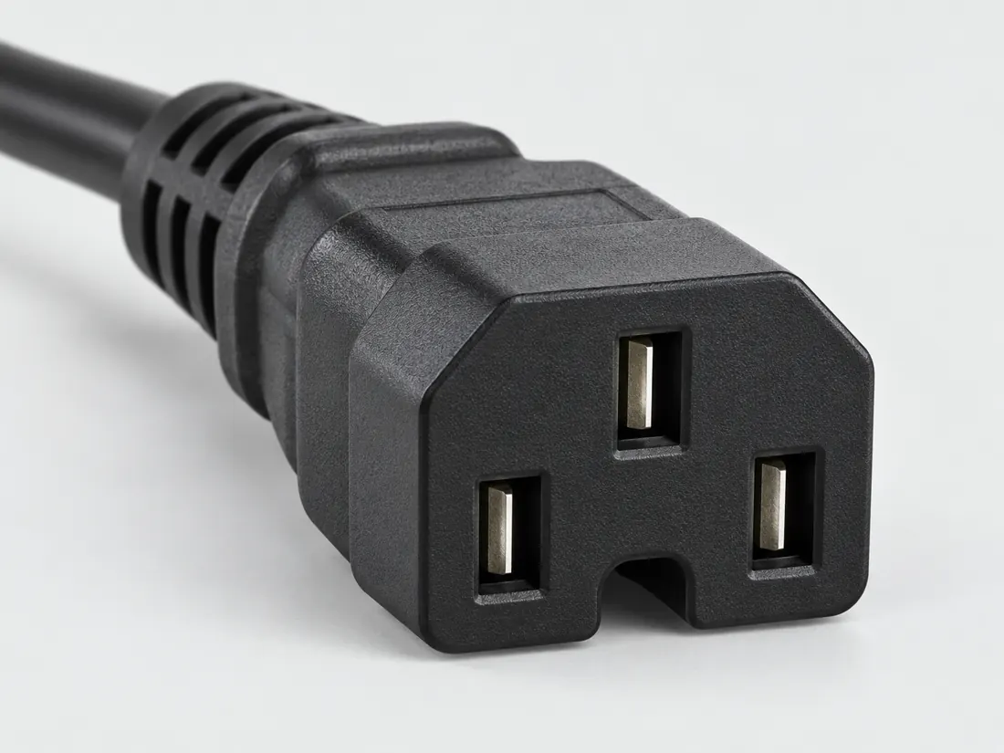 IEC 60320 C15 hot-condition cord connector: three-quarter view. Computer-generated illustration, not a photograph.