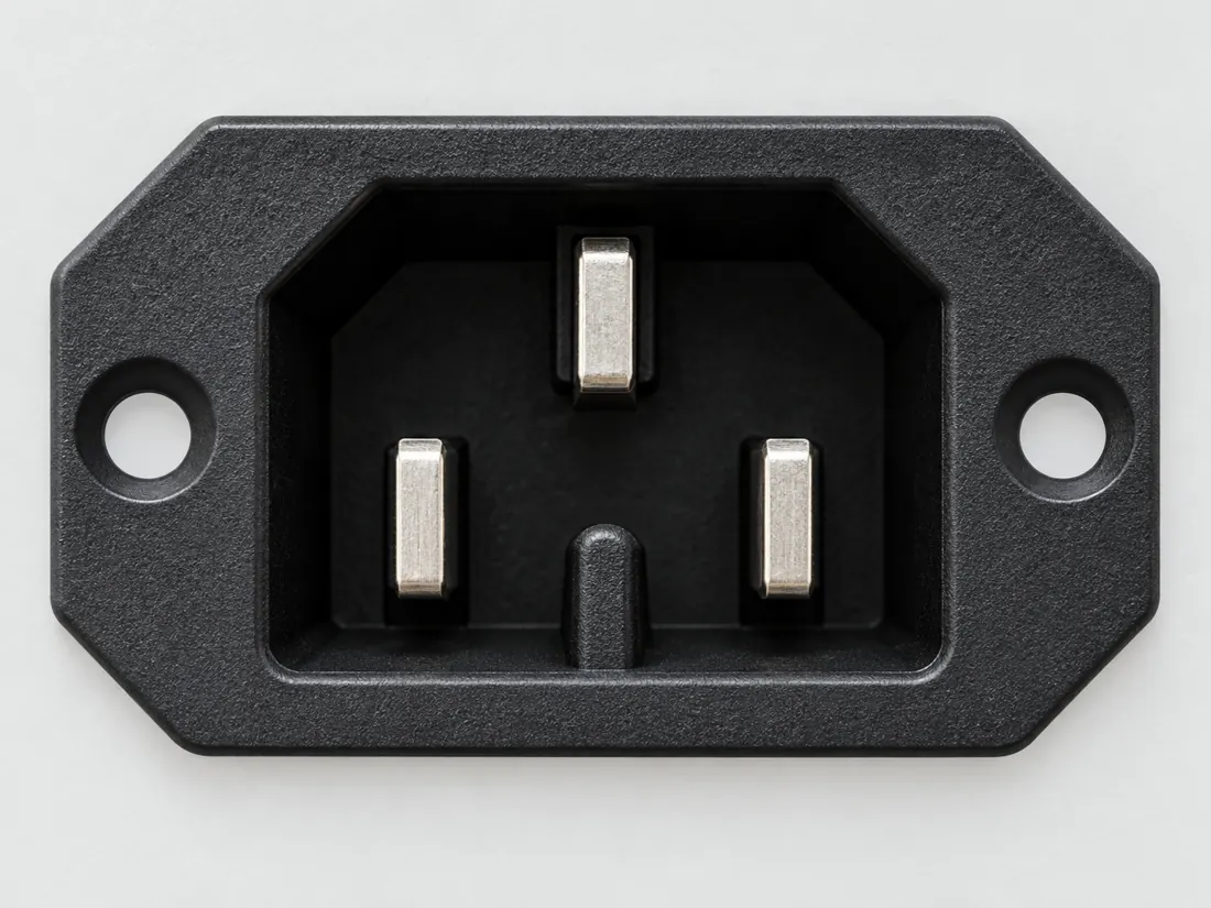 IEC 60320 C15 hot-condition cord connector: fitted in place. Computer-generated illustration, not a photograph.