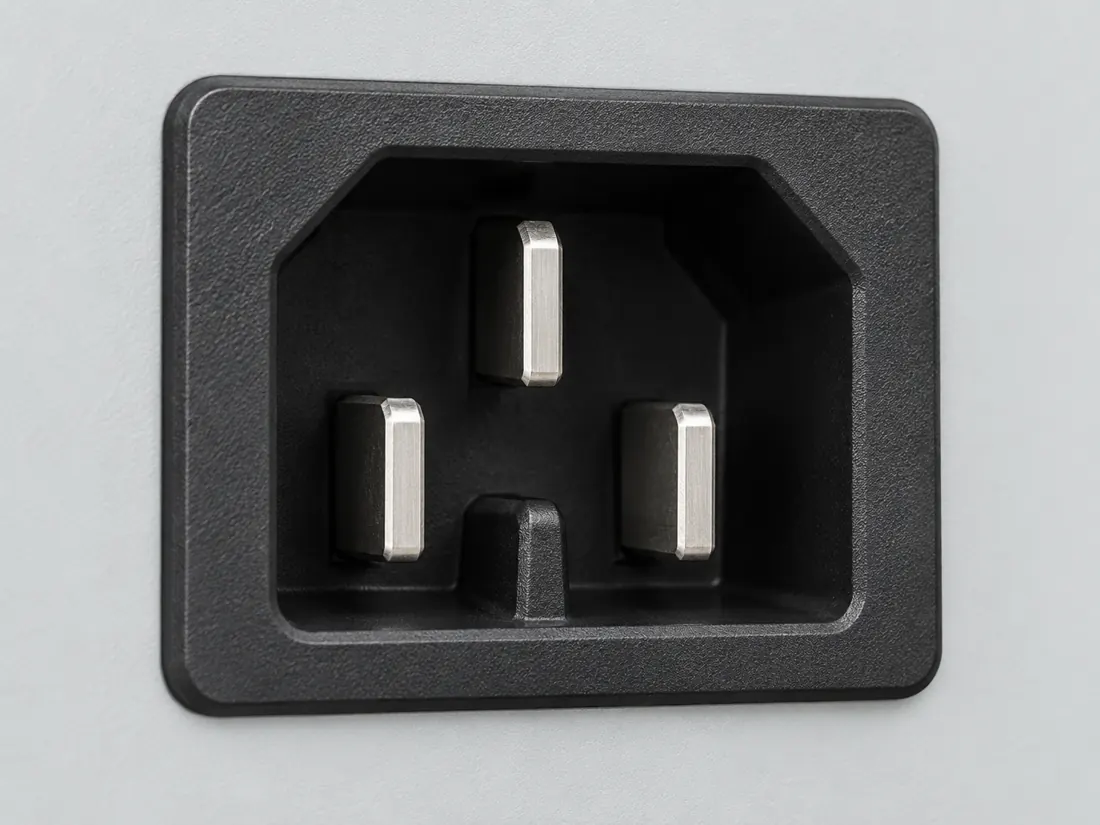 IEC 60320 C16 hot-condition appliance inlet: three-quarter view. Computer-generated illustration, not a photograph.