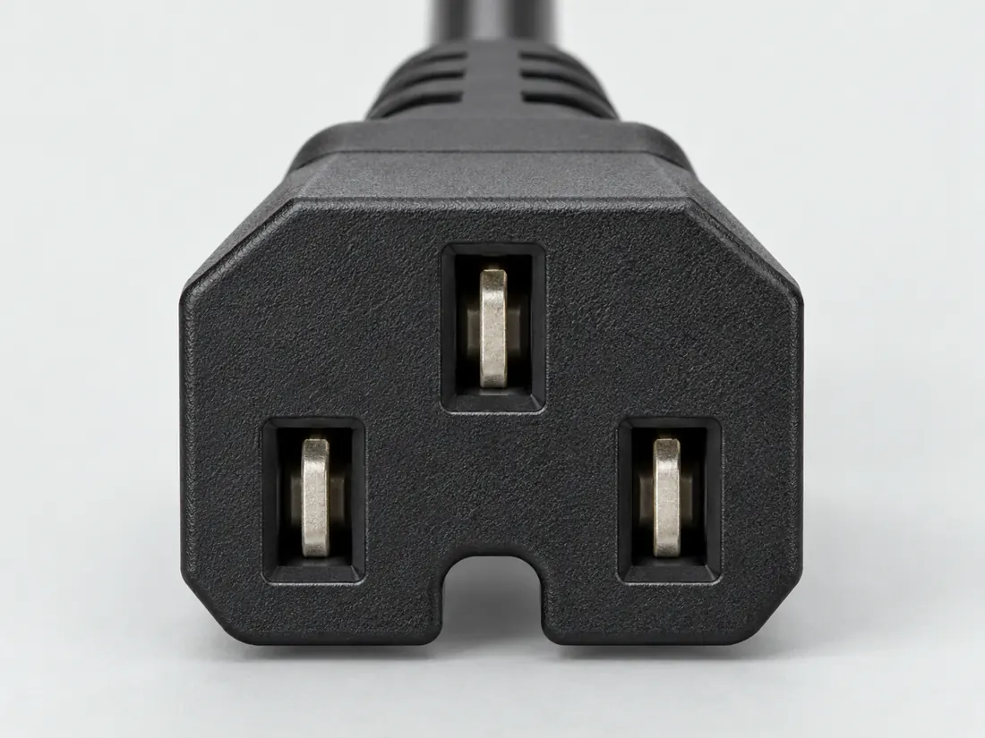 IEC 60320 C16 hot-condition appliance inlet: fitted in place. Computer-generated illustration, not a photograph.