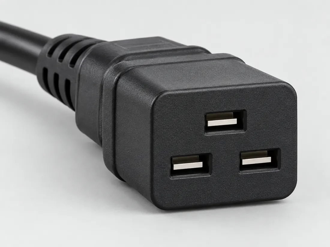 IEC 60320 C19 cord connector: three-quarter view. Computer-generated illustration, not a photograph.