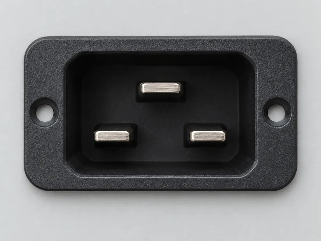IEC 60320 C19 cord connector: fitted in place. Computer-generated illustration, not a photograph.
