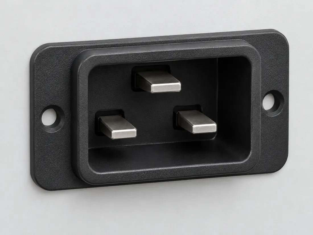 IEC 60320 C20 appliance inlet: three-quarter view. Computer-generated illustration, not a photograph.