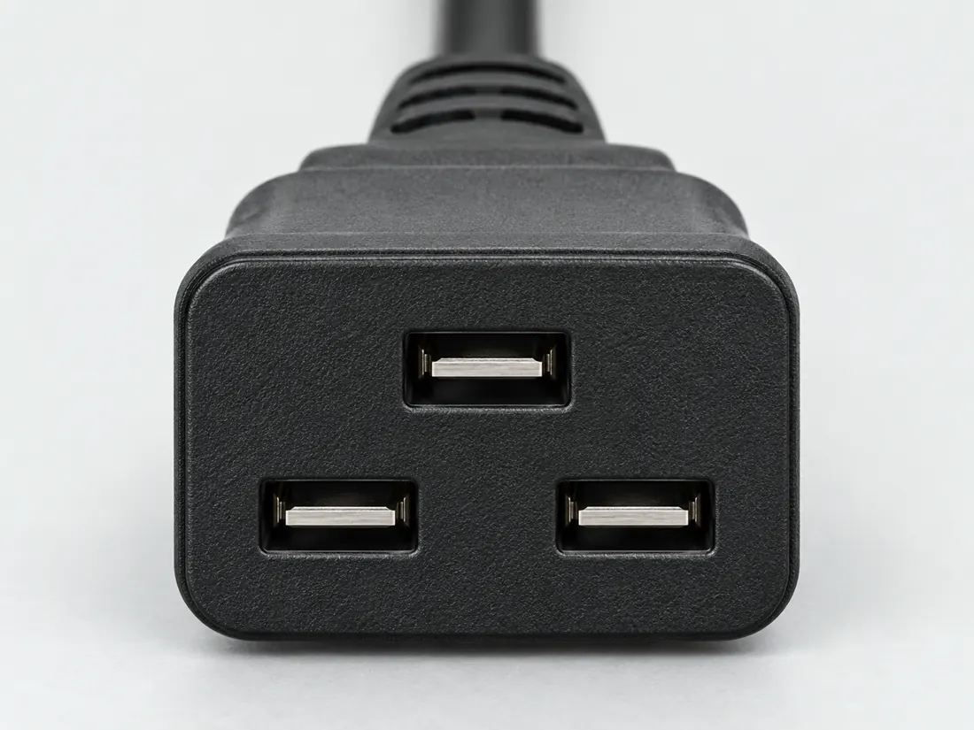 IEC 60320 C20 appliance inlet: fitted in place. Computer-generated illustration, not a photograph.