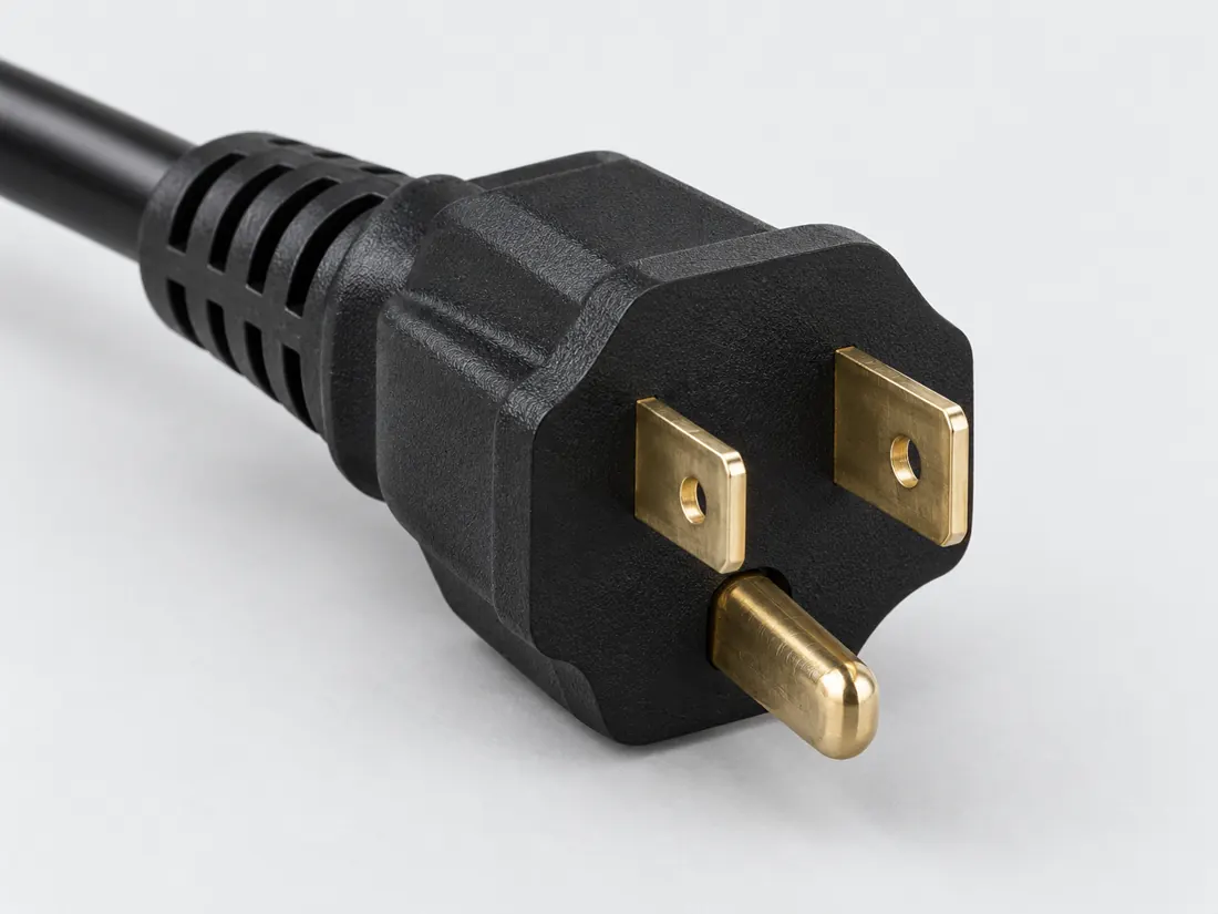 NEMA 5-15P plug: three-quarter view. Computer-generated illustration, not a photograph.