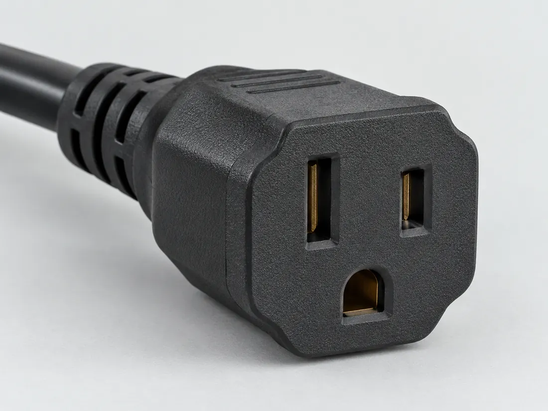 NEMA 5-15R receptacle: three-quarter view. Computer-generated illustration, not a photograph.