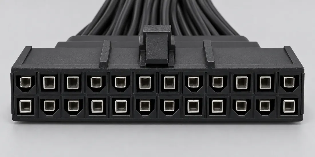 ATX 24-pin main power connector: three-quarter view. Computer-generated illustration, not a photograph.