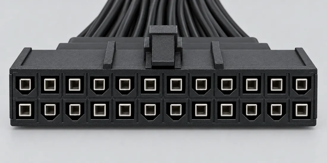 ATX 24-pin main power connector: mating face. Computer-generated illustration, not a photograph.