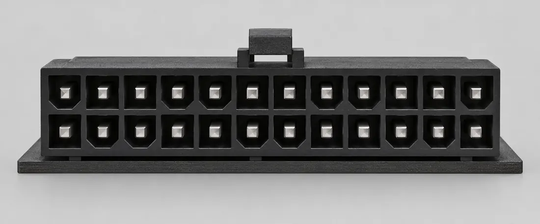 ATX 24-pin main power connector: fitted in place. Computer-generated illustration, not a photograph.