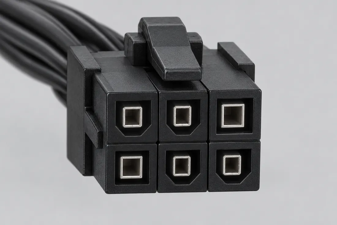 PCIe 6-pin auxiliary power connector: three-quarter view. Computer-generated illustration, not a photograph.