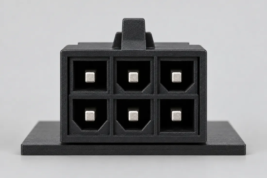 PCIe 6-pin auxiliary power connector: fitted in place. Computer-generated illustration, not a photograph.