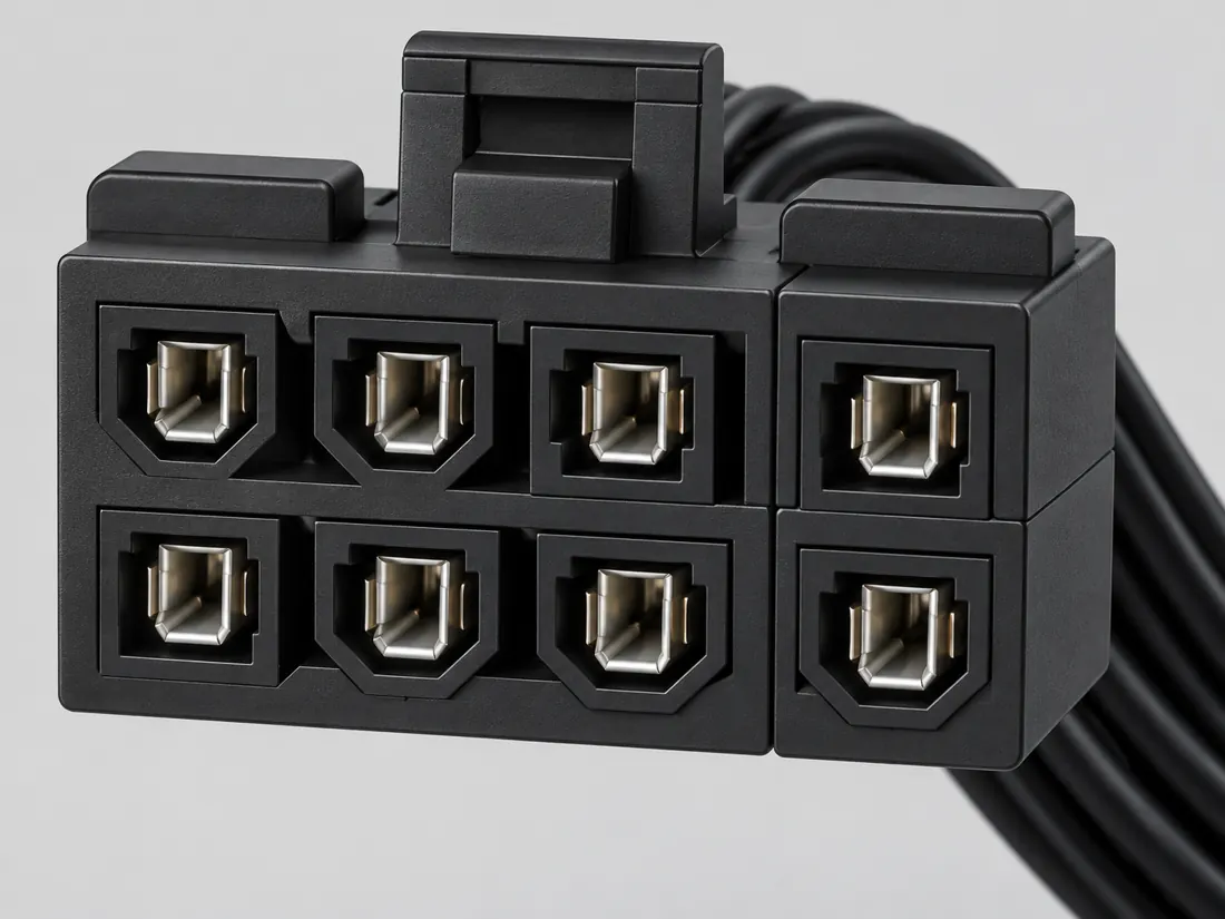 PCIe 8-pin auxiliary power connector: three-quarter view. Computer-generated illustration, not a photograph.