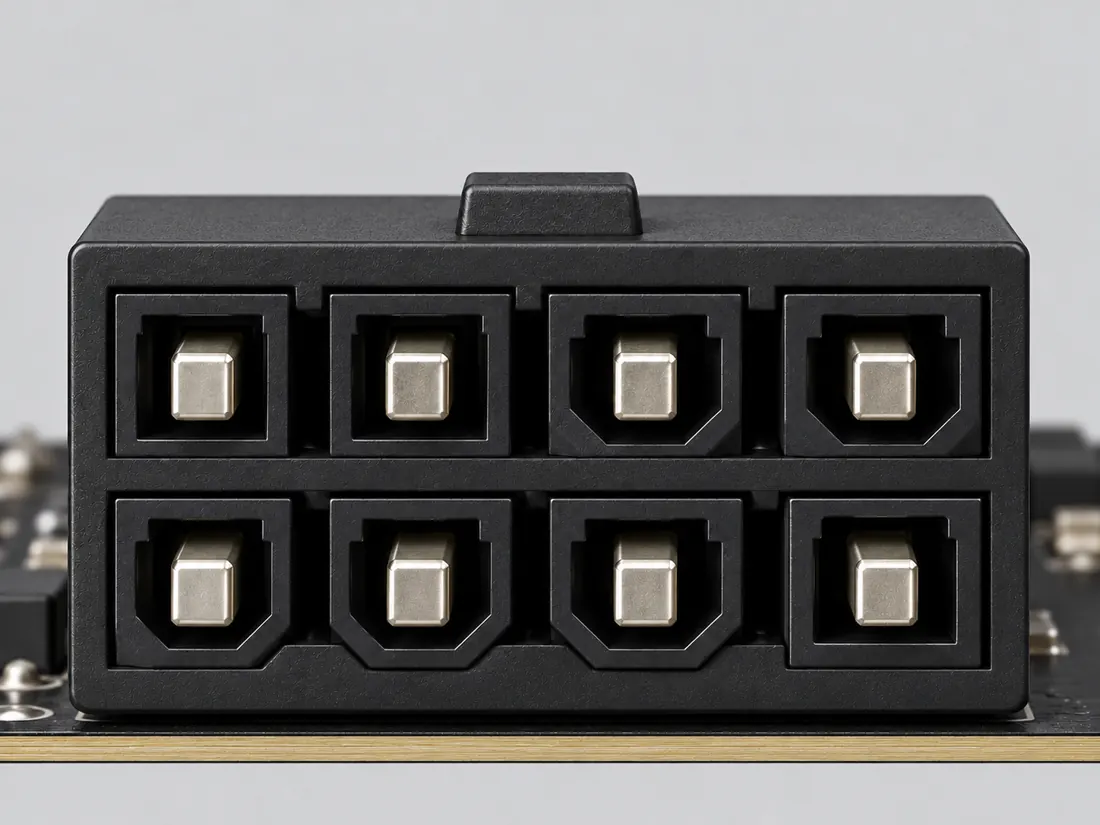 PCIe 8-pin auxiliary power connector: fitted in place. Computer-generated illustration, not a photograph.