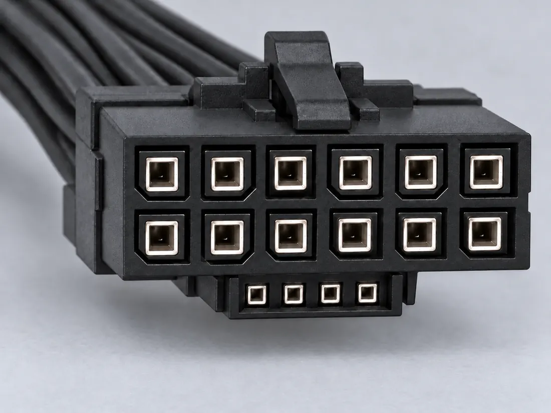 12VHPWR 16-contact auxiliary power connector: three-quarter view. Computer-generated illustration, not a photograph.