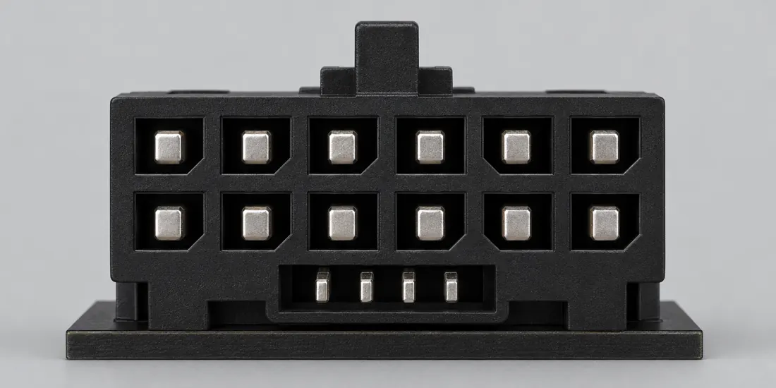 12VHPWR 16-contact auxiliary power connector: fitted in place. Computer-generated illustration, not a photograph.