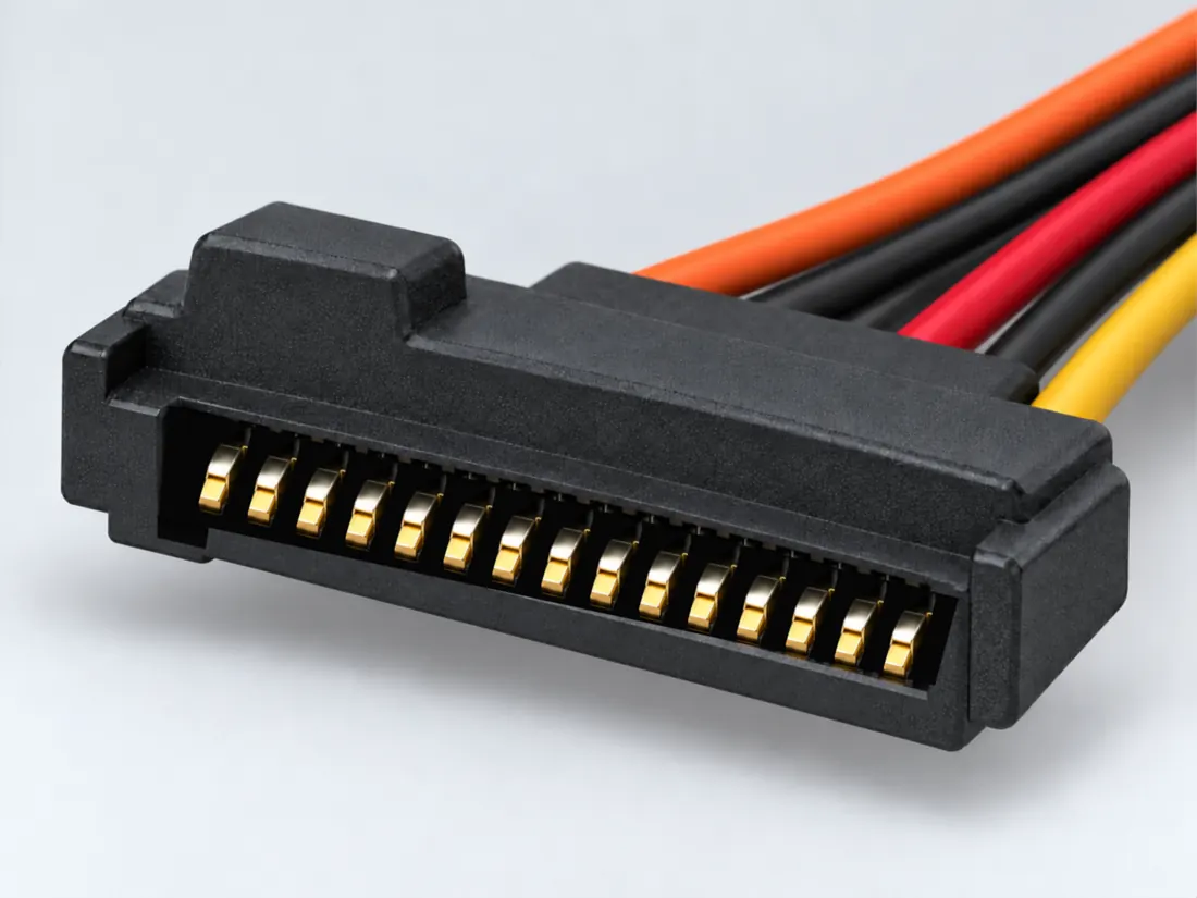 SATA 15-pin power connector: three-quarter view. Computer-generated illustration, not a photograph.