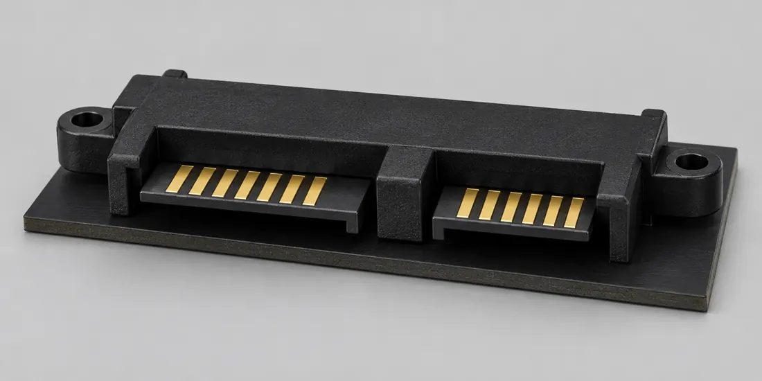 Slimline SATA connector: three-quarter view. Computer-generated illustration, not a photograph.