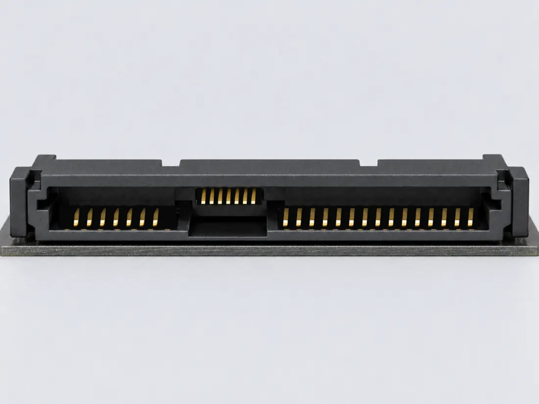 SAS SFF-8482 drive connector: fitted in place. Computer-generated illustration, not a photograph.