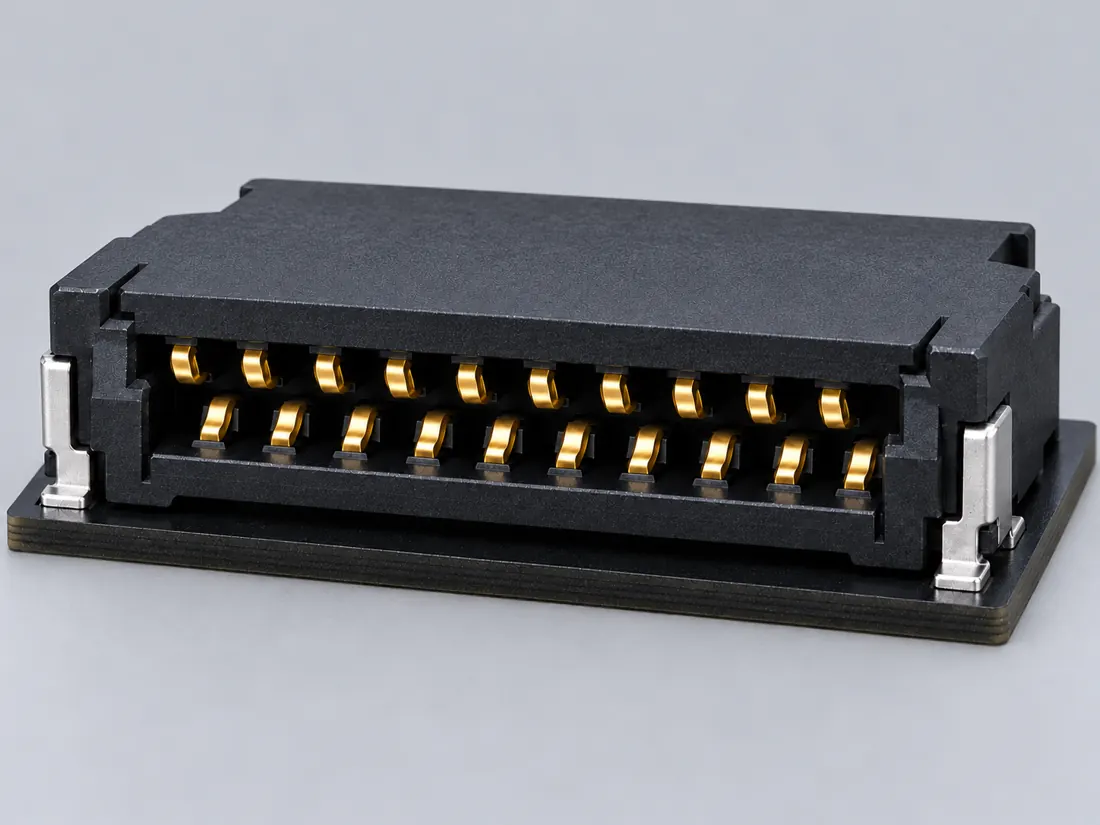 SFP / SFP+ / SFP28 host connector form: three-quarter view. Computer-generated illustration, not a photograph.