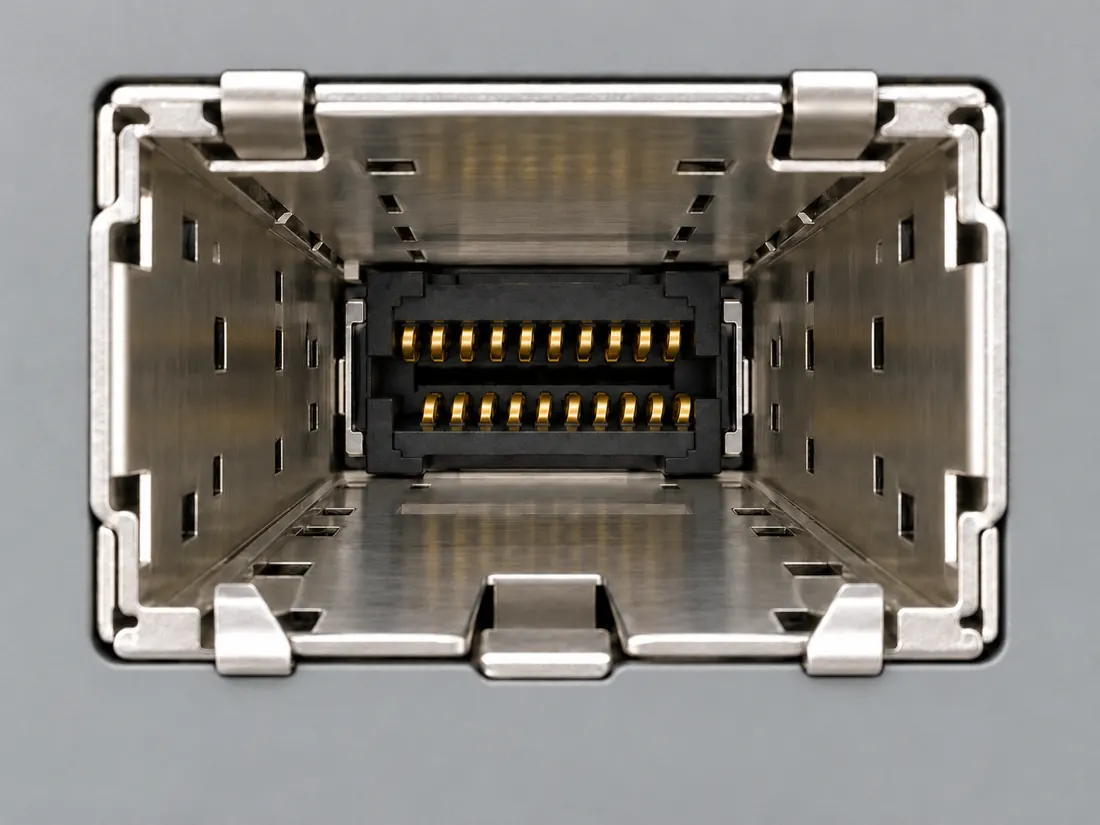 SFP / SFP+ / SFP28 host connector form: fitted in place. Computer-generated illustration, not a photograph.