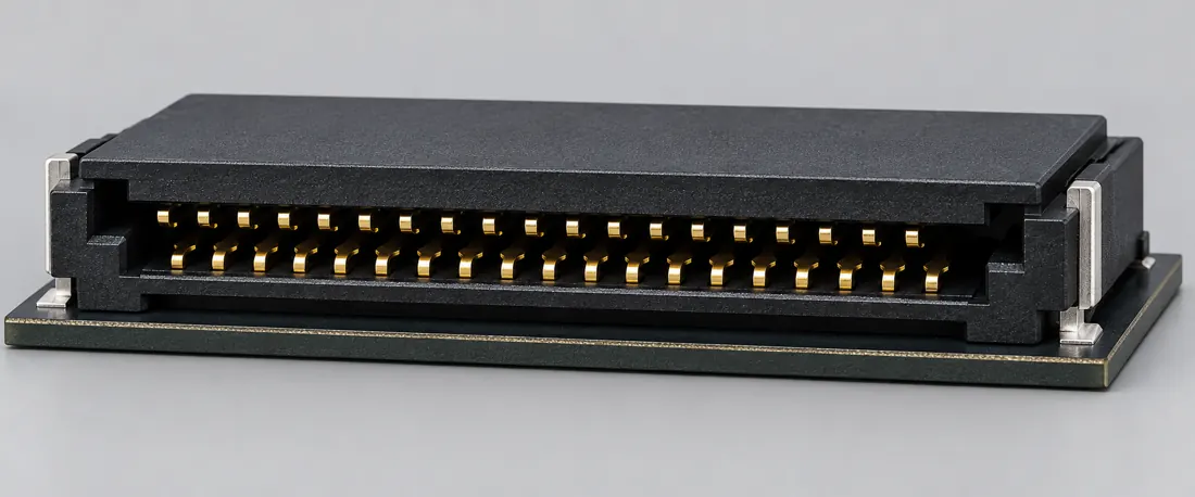 QSFP+ host connector form: three-quarter view. Computer-generated illustration, not a photograph.