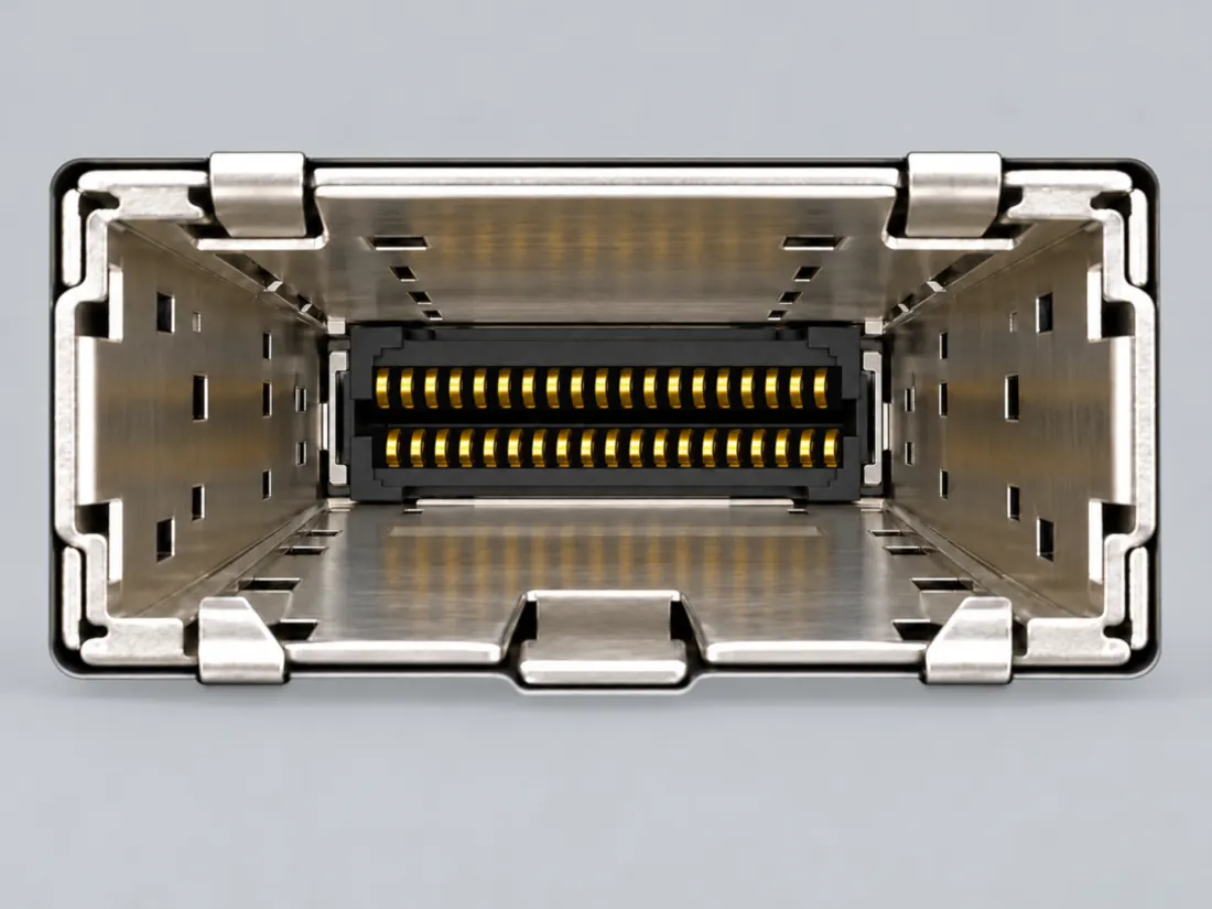 QSFP+ host connector form: fitted in place. Computer-generated illustration, not a photograph.