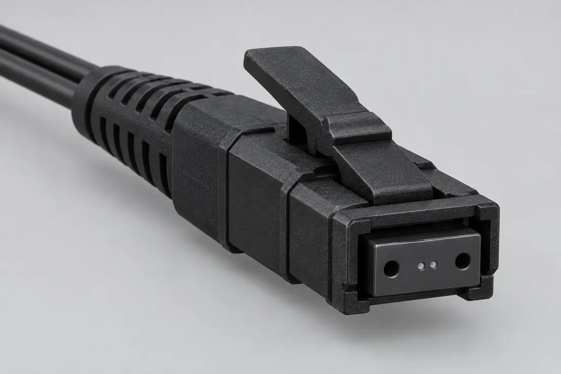 MT-RJ fiber connector: three-quarter view. Computer-generated illustration, not a photograph.