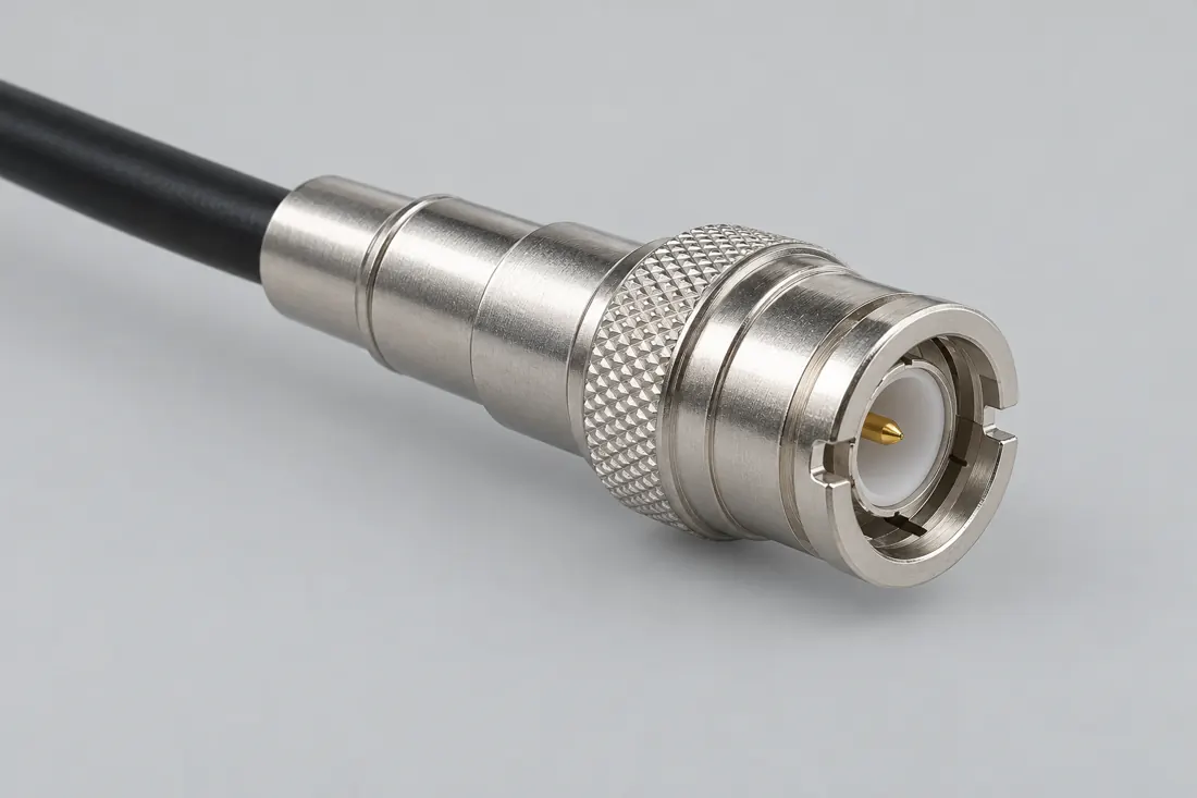 HD-BNC coaxial connector: three-quarter view. Computer-generated illustration, not a photograph.