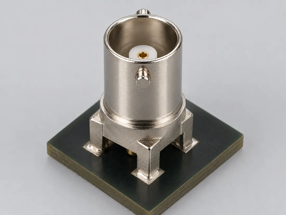 HD-BNC coaxial connector: fitted in place. Computer-generated illustration, not a photograph.