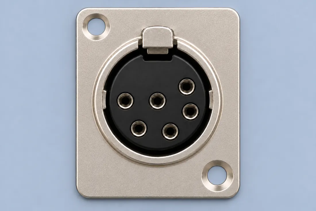 6-pin XLR connector: fitted in place. Computer-generated illustration, not a photograph.