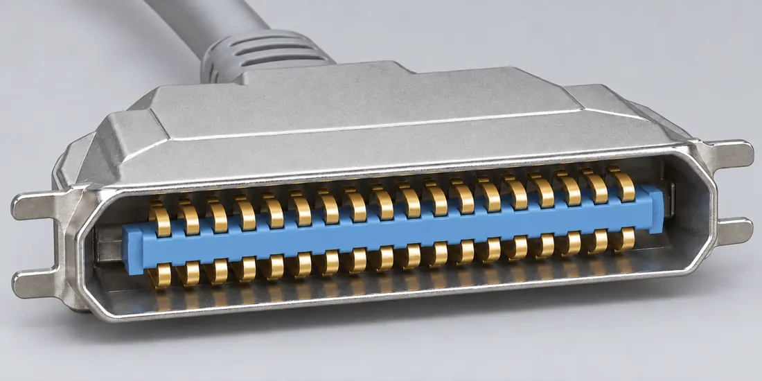 Centronics / CHAMP 36-position connector: three-quarter view. Computer-generated illustration, not a photograph.