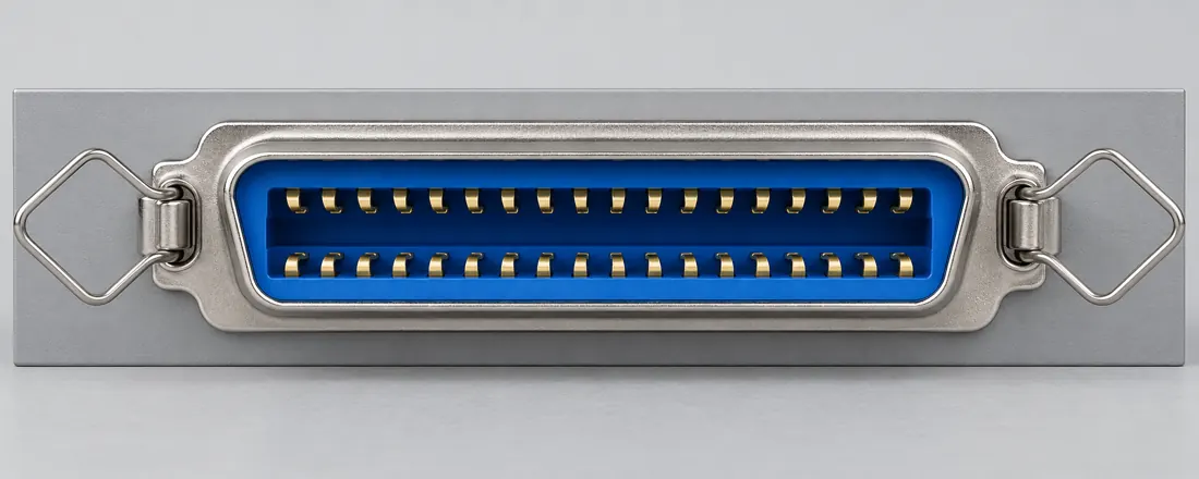 Centronics / CHAMP 36-position connector: fitted in place. Computer-generated illustration, not a photograph.