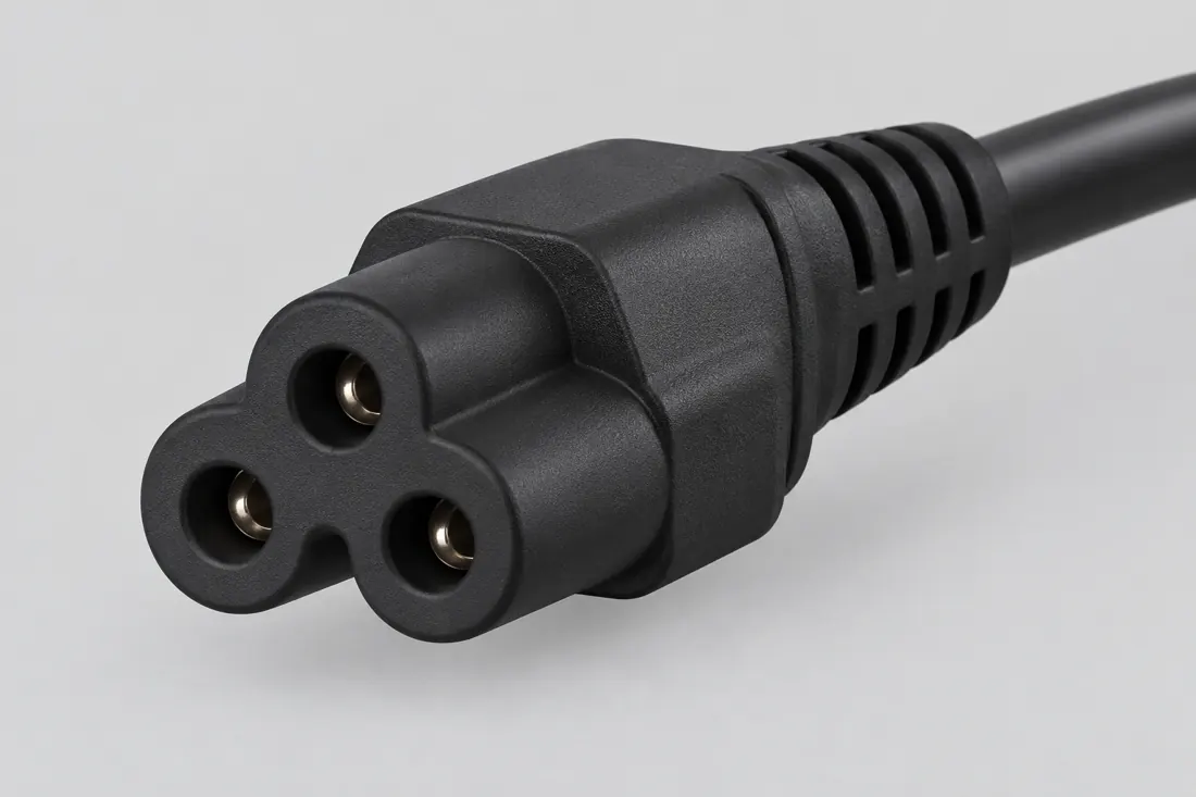 IEC 60320 C5 cord connector: three-quarter view. Computer-generated illustration, not a photograph.