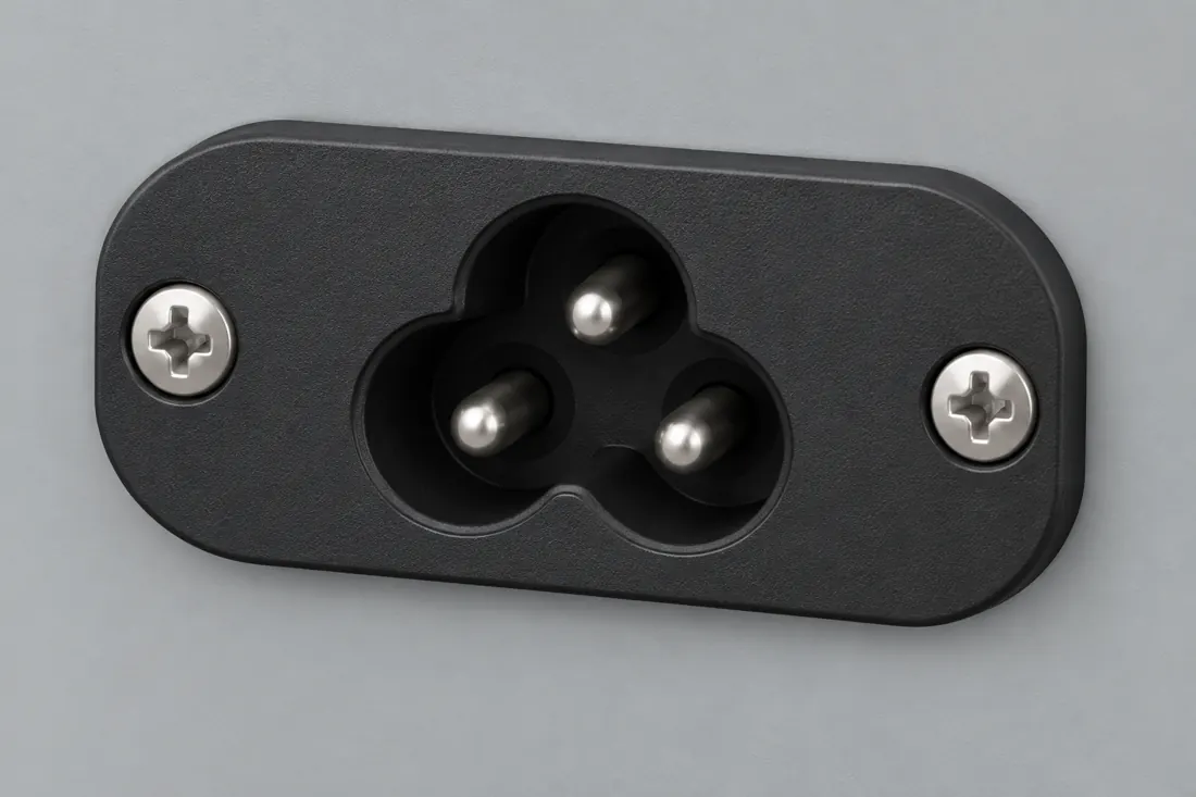 IEC 60320 C6 appliance inlet: three-quarter view. Computer-generated illustration, not a photograph.