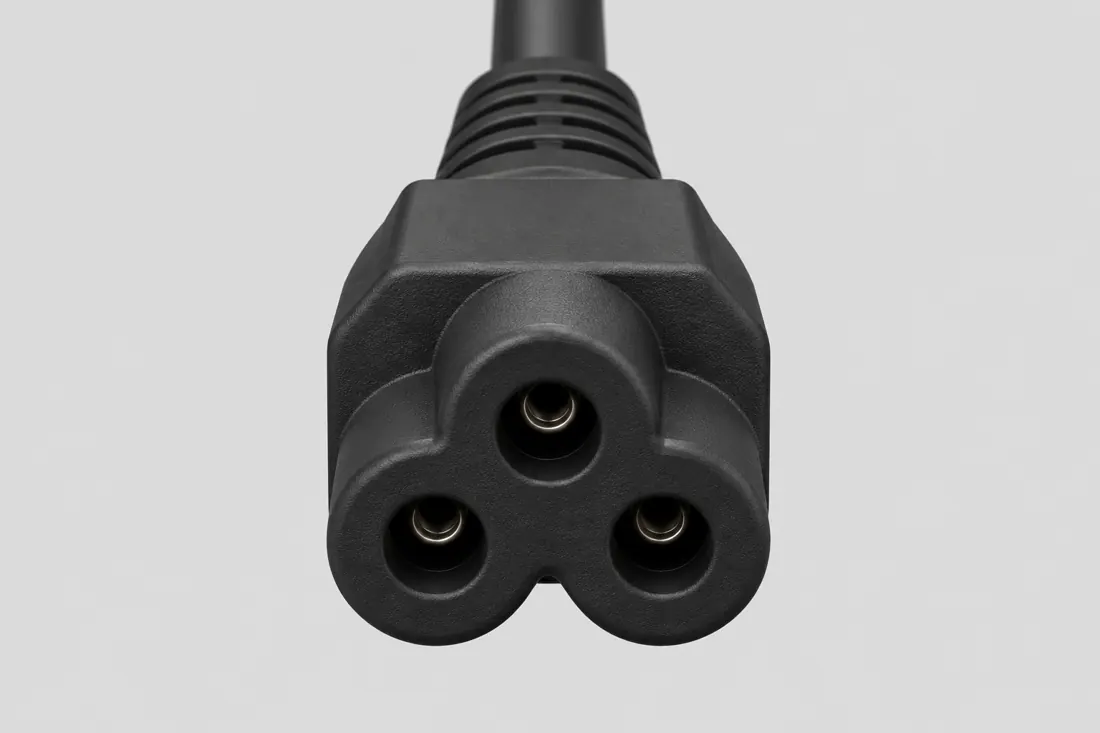 IEC 60320 C6 appliance inlet: fitted in place. Computer-generated illustration, not a photograph.