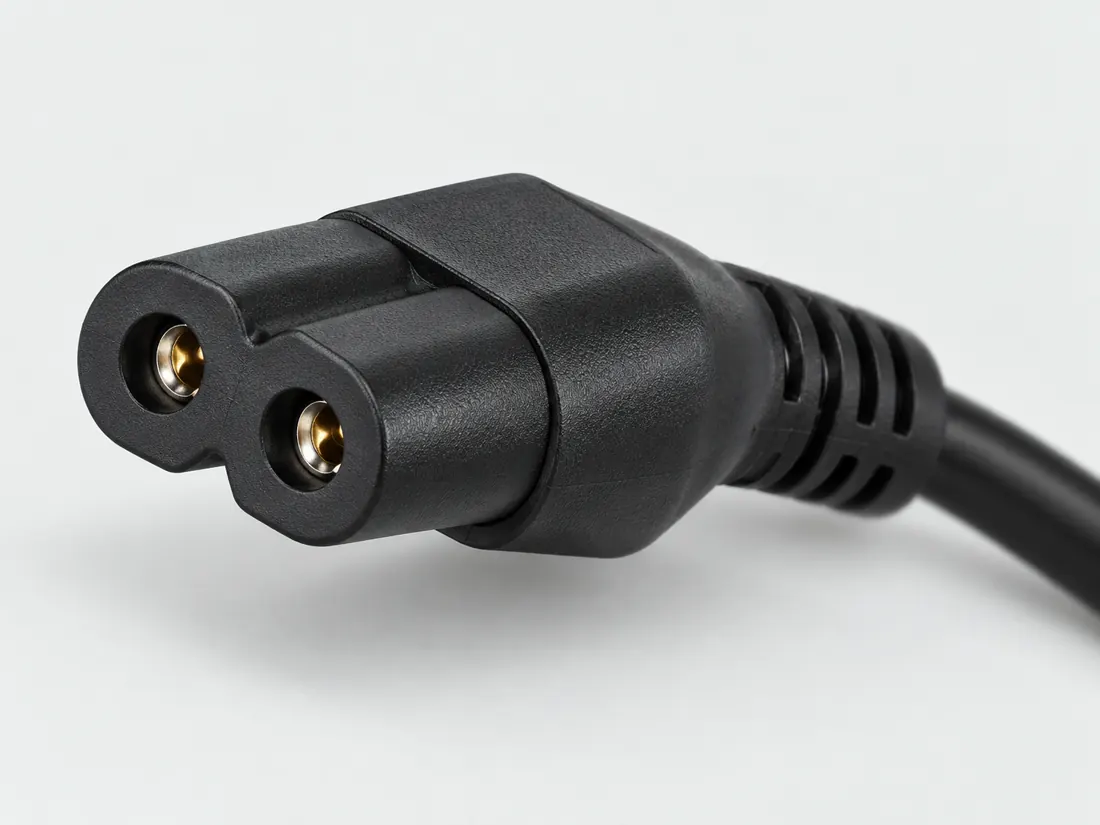 IEC 60320 C7 cord connector: three-quarter view. Computer-generated illustration, not a photograph.