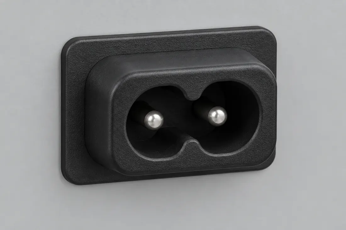 IEC 60320 C8 appliance inlet: three-quarter view. Computer-generated illustration, not a photograph.