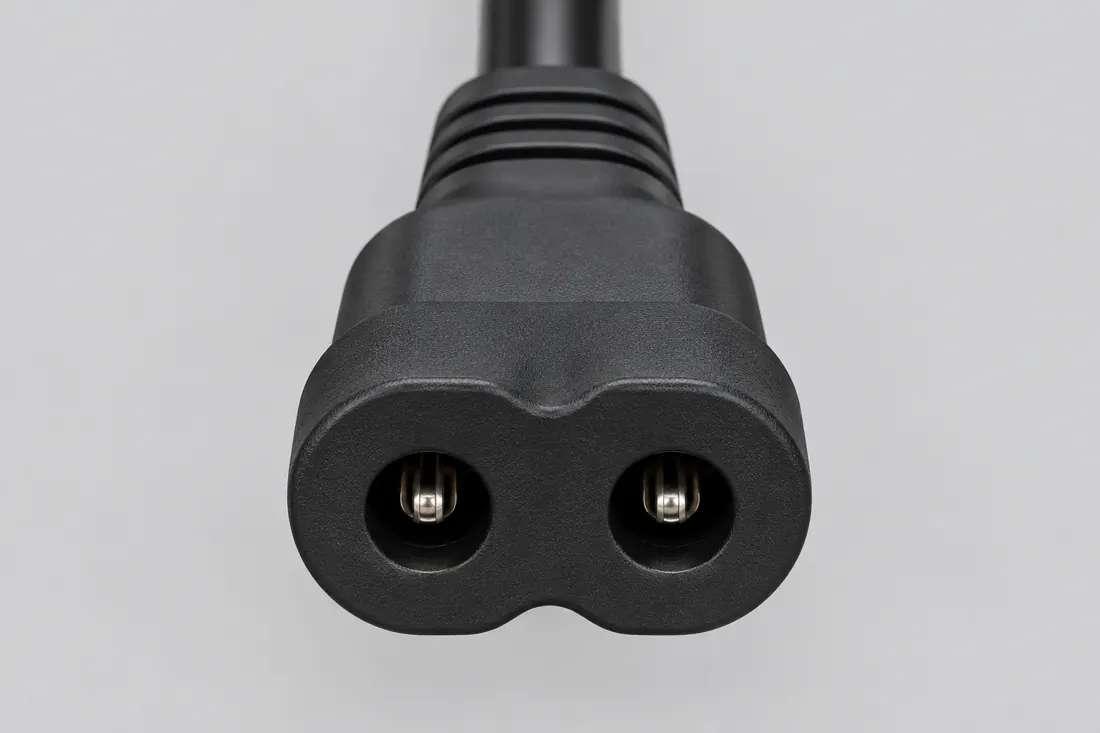 IEC 60320 C8 appliance inlet: fitted in place. Computer-generated illustration, not a photograph.