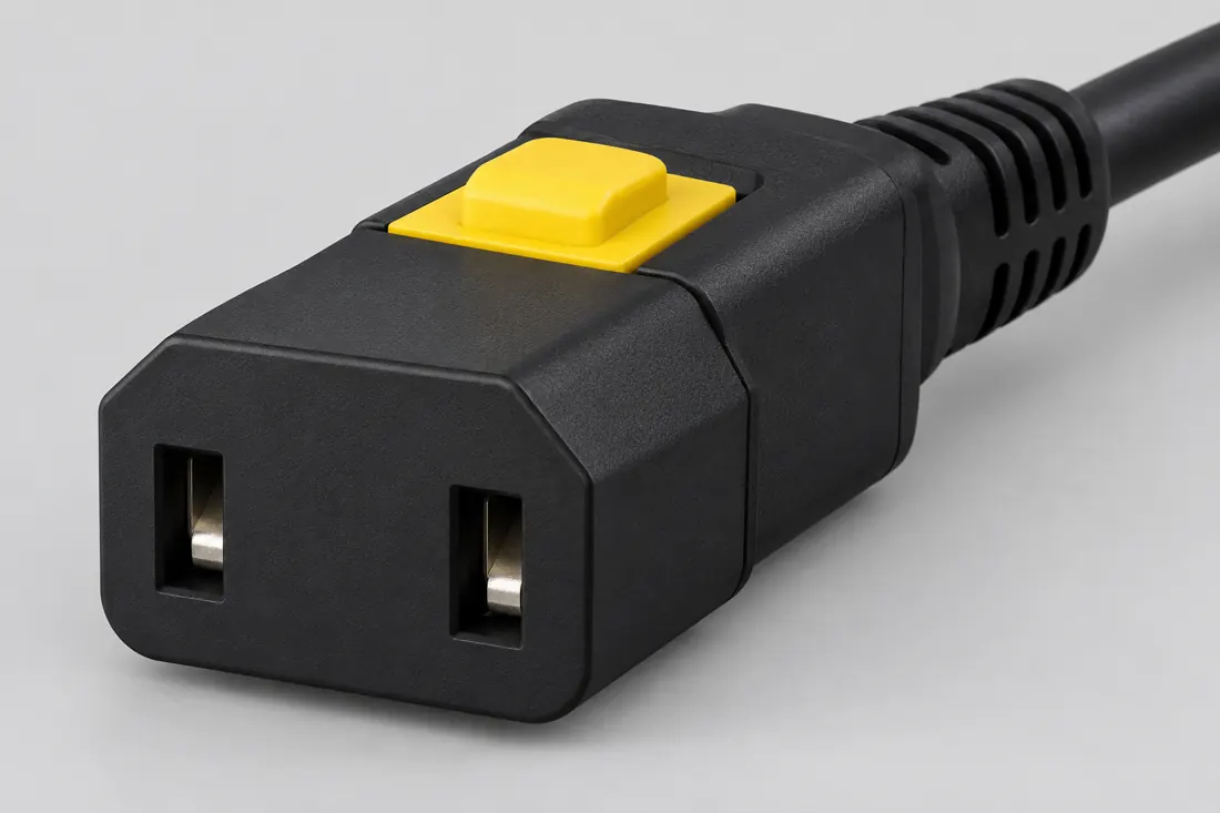 IEC 60320 C17 cord connector: three-quarter view. Computer-generated illustration, not a photograph.