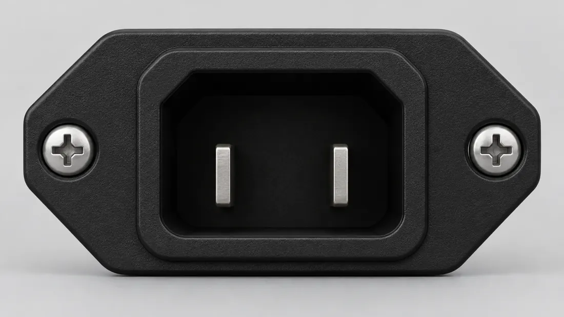 IEC 60320 C17 cord connector: fitted in place. Computer-generated illustration, not a photograph.