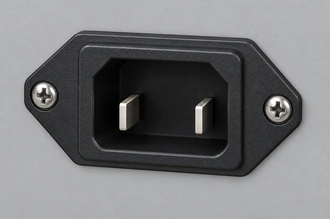 IEC 60320 C18 appliance inlet: three-quarter view. Computer-generated illustration, not a photograph.