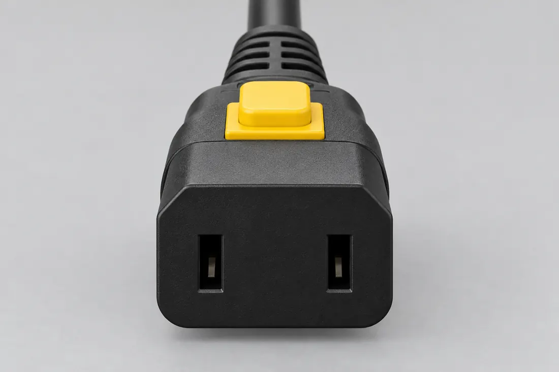 IEC 60320 C18 appliance inlet: fitted in place. Computer-generated illustration, not a photograph.