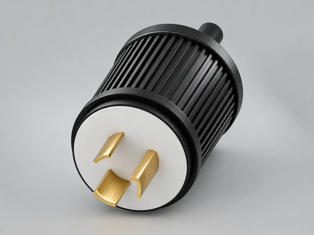 NEMA L5-20P locking plug: three-quarter view. Computer-generated illustration, not a photograph.