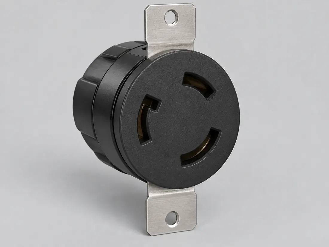 NEMA L5-20R locking receptacle: three-quarter view. Computer-generated illustration, not a photograph.