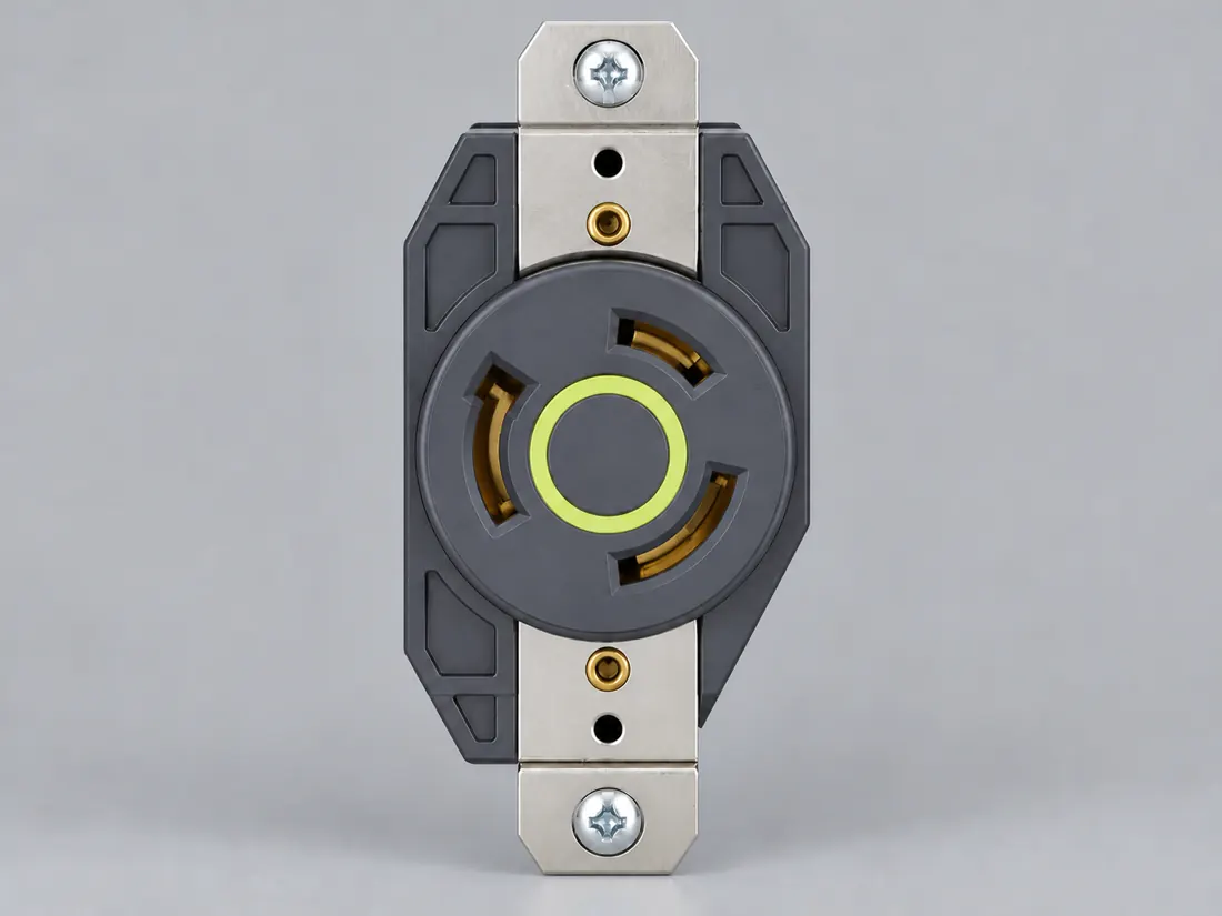 NEMA L5-20R locking receptacle: fitted in place. Computer-generated illustration, not a photograph.