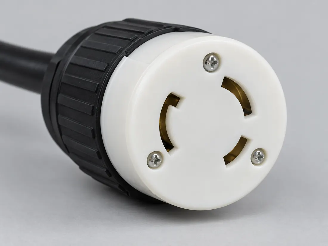NEMA L6-20P locking plug: fitted in place. Computer-generated illustration, not a photograph.