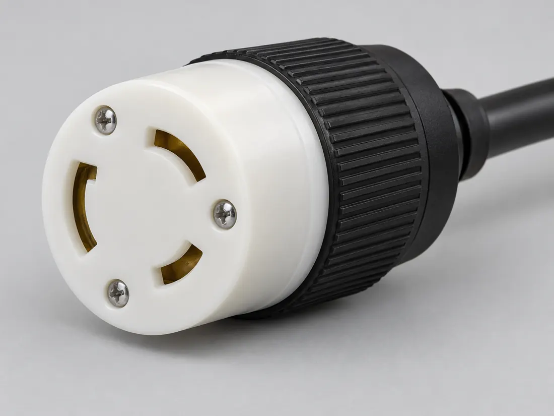 NEMA L6-20R locking receptacle: three-quarter view. Computer-generated illustration, not a photograph.